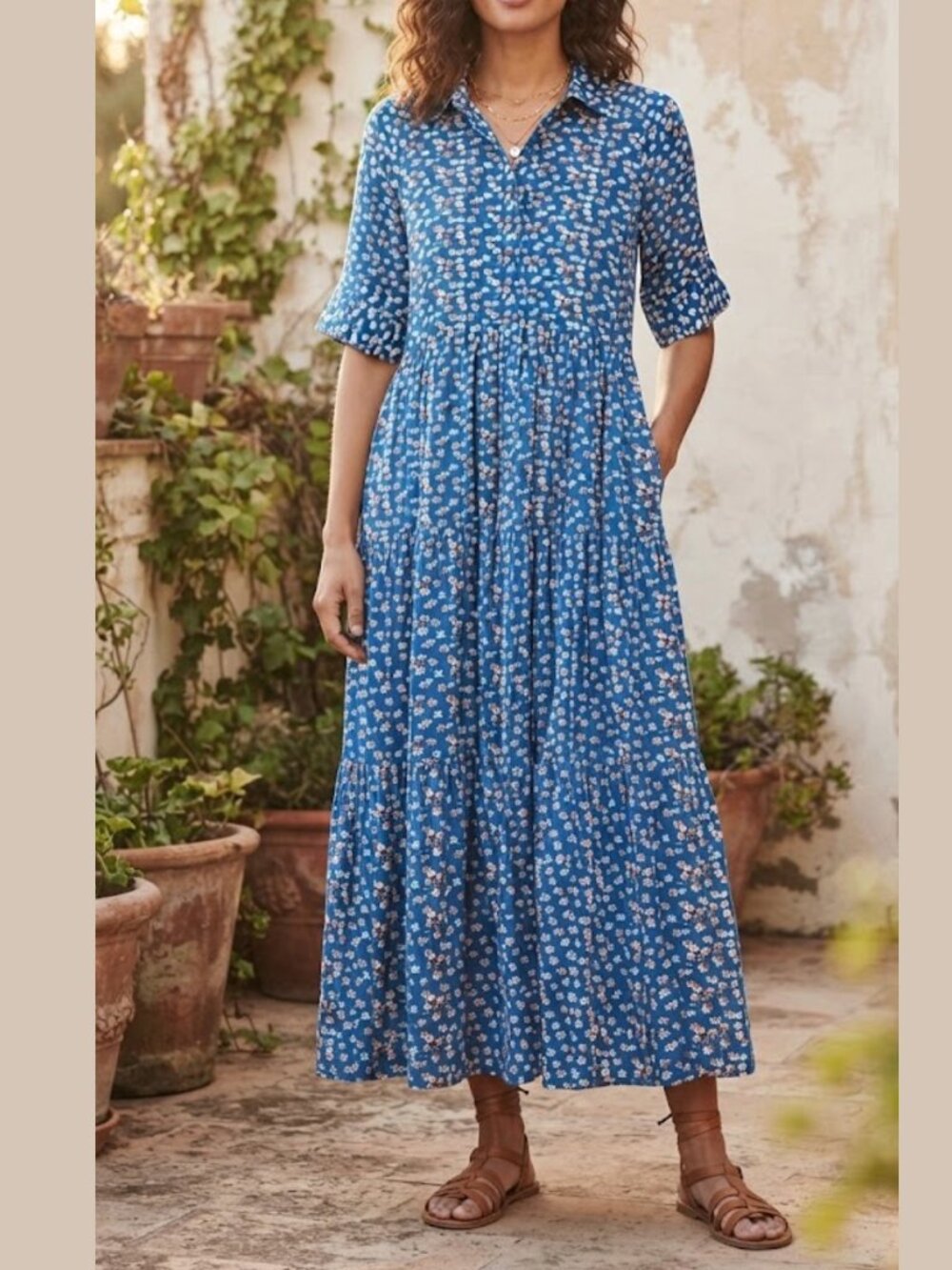 Ella Simone Blue Floral Maxi Dress, Boho Romantic Tiered Shirt Dress Large